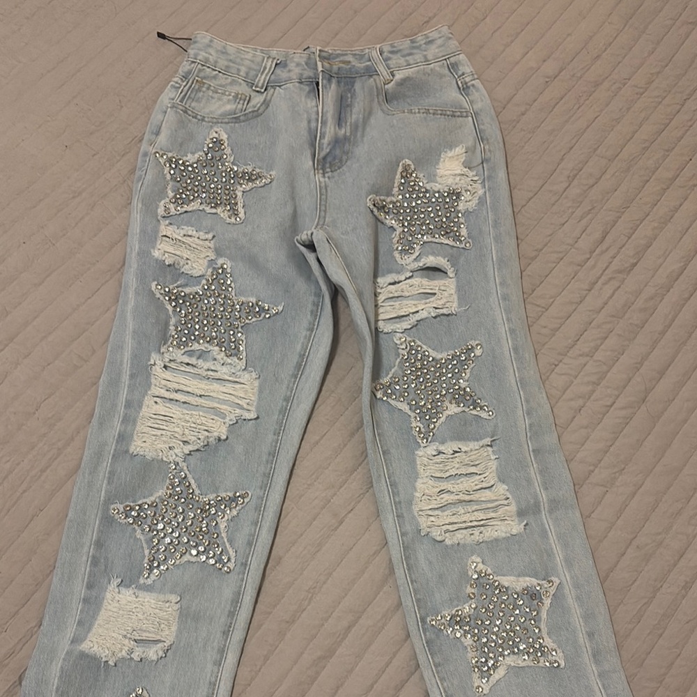 Blue Straight Leg Jeans with Distressed Details
